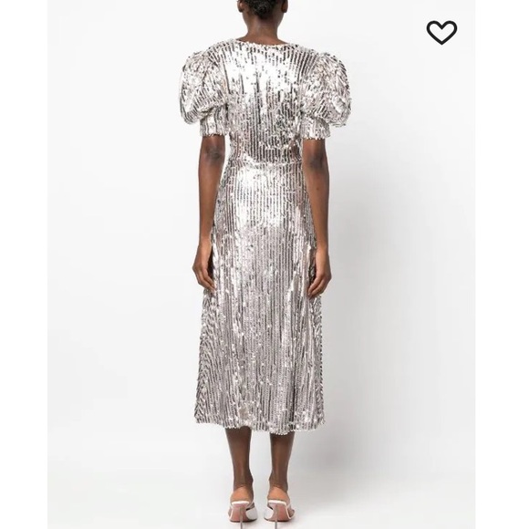 Rotate Birger Christensen Sierina Dress Silver Sequin Puff Sleeve Midi Size 6 - Picture 15 of 16